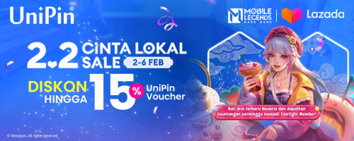 Diskon 15% Voucher UniPin di 2.2 Cinta Lokal Sale Lazada